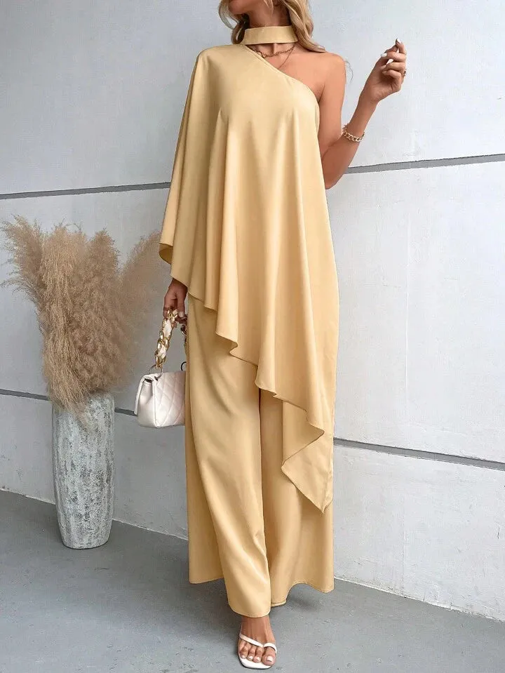 Asymmetrical neck cloak sleeve top & wide leg trousers