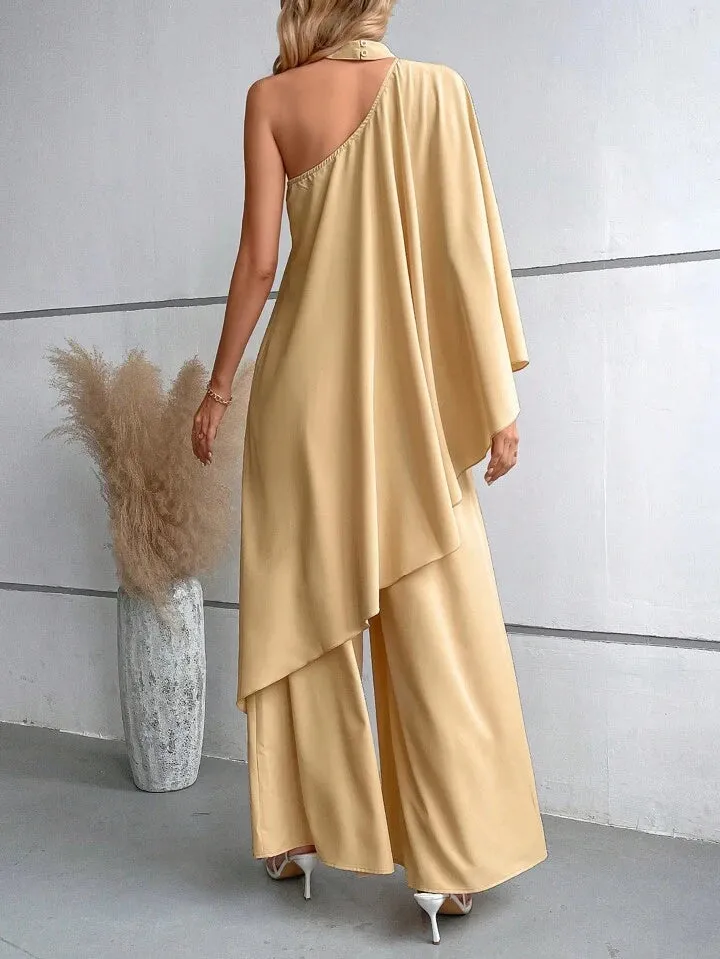 Asymmetrical neck cloak sleeve top & wide leg trousers