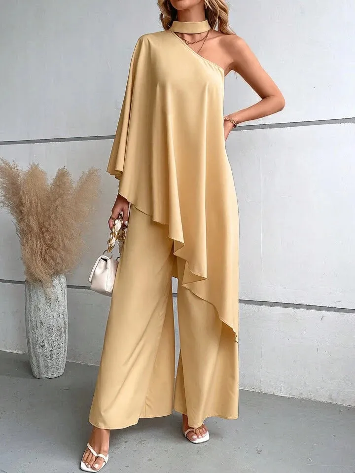 Asymmetrical neck cloak sleeve top & wide leg trousers