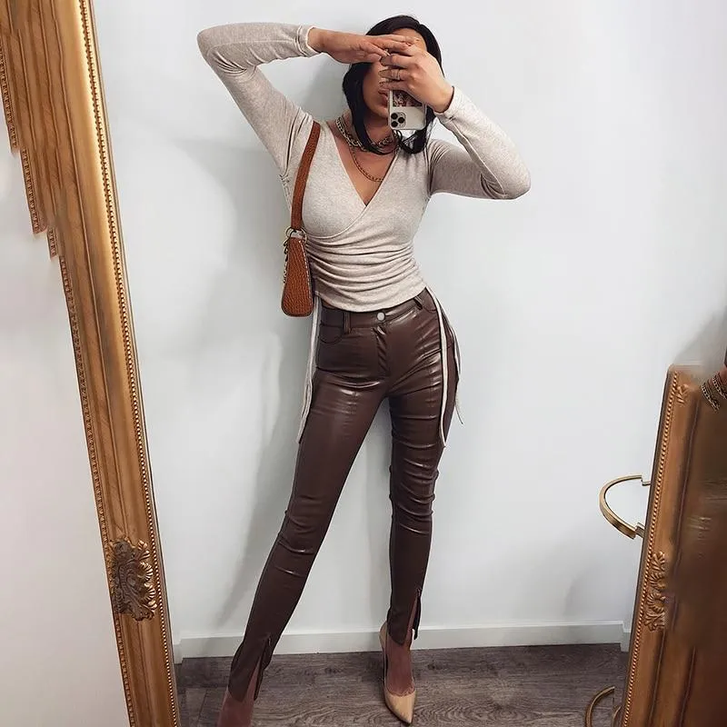 Autumn Casual Women's Synthetic Leather High Waist Zipper Skinny Split Pants