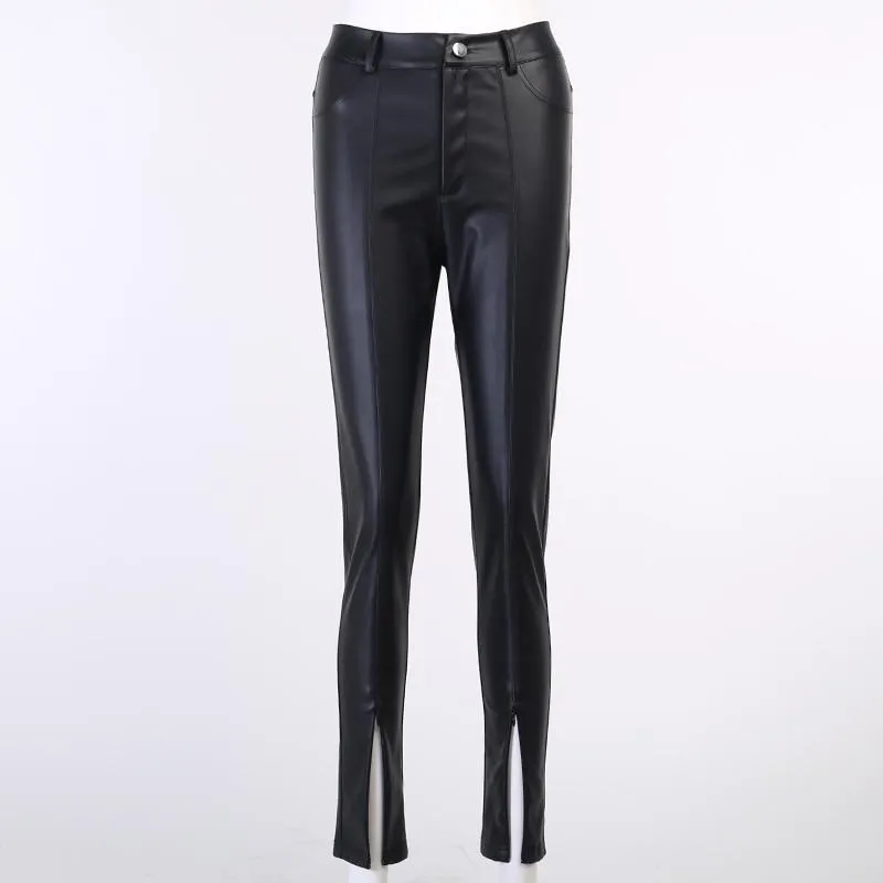 Autumn Casual Women's Synthetic Leather High Waist Zipper Skinny Split Pants