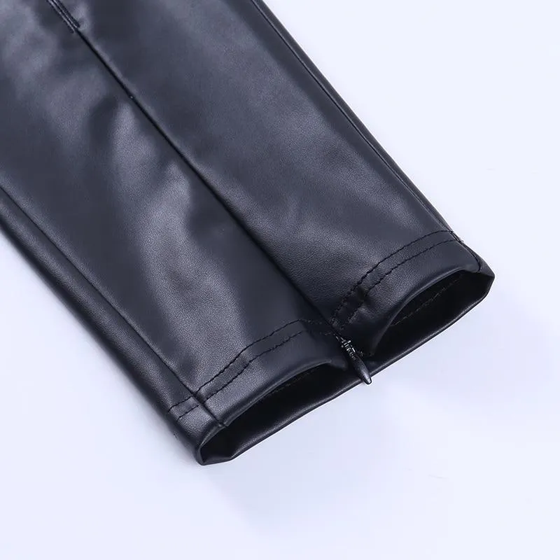 Autumn Casual Women's Synthetic Leather High Waist Zipper Skinny Split Pants