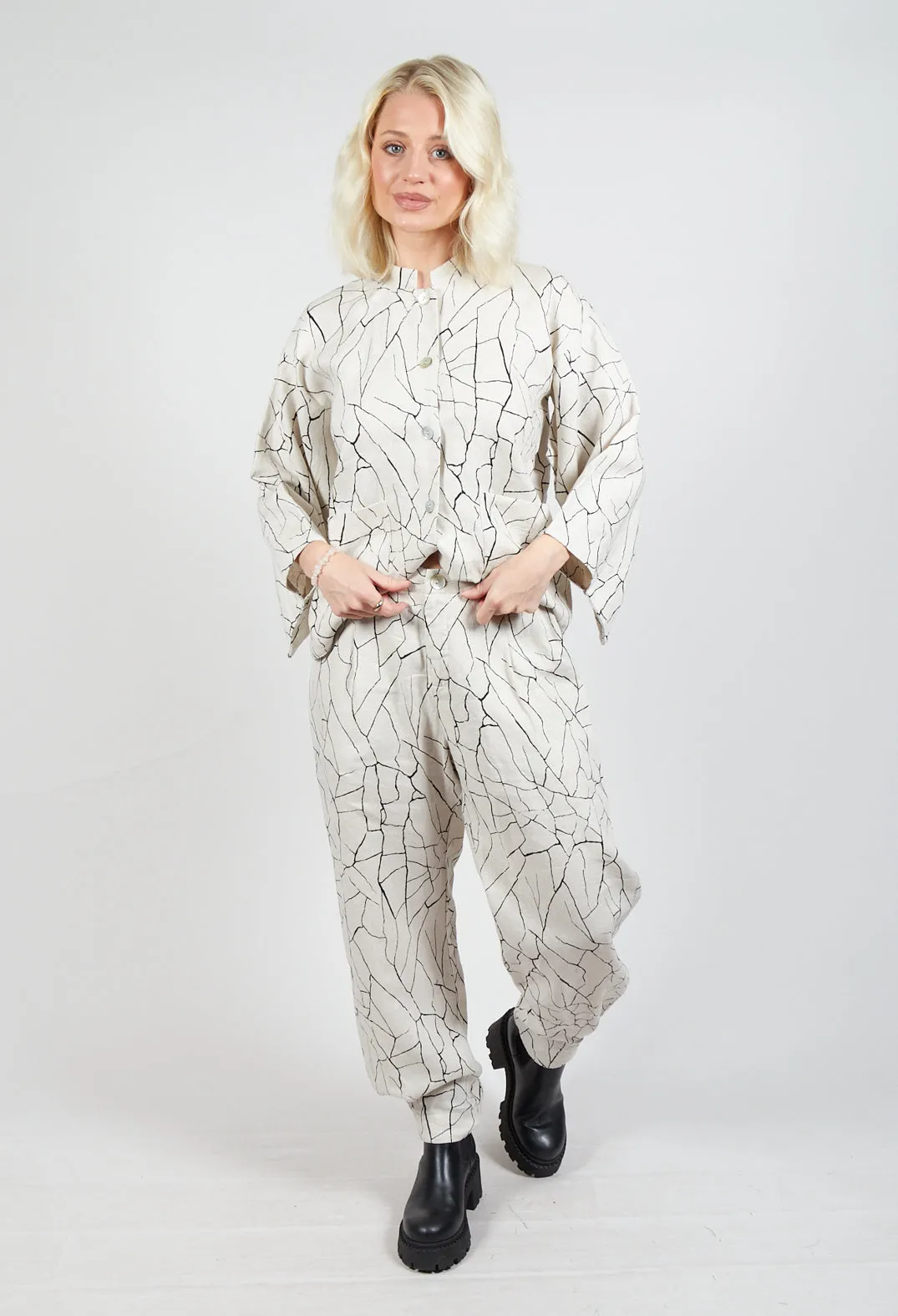 Barrel Leg Trousers with Print in White