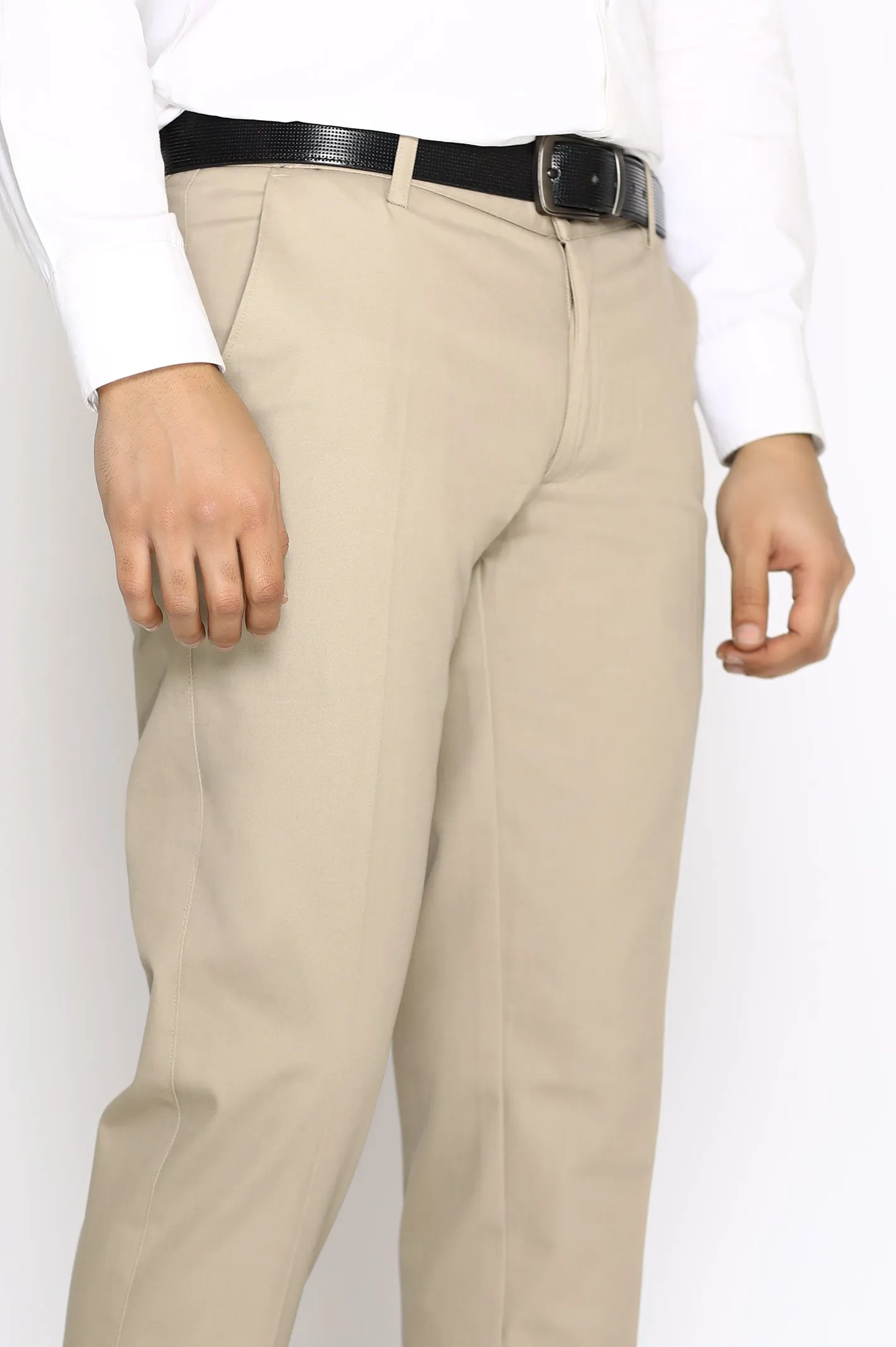 Beige Cotton Smart Fit Trouser