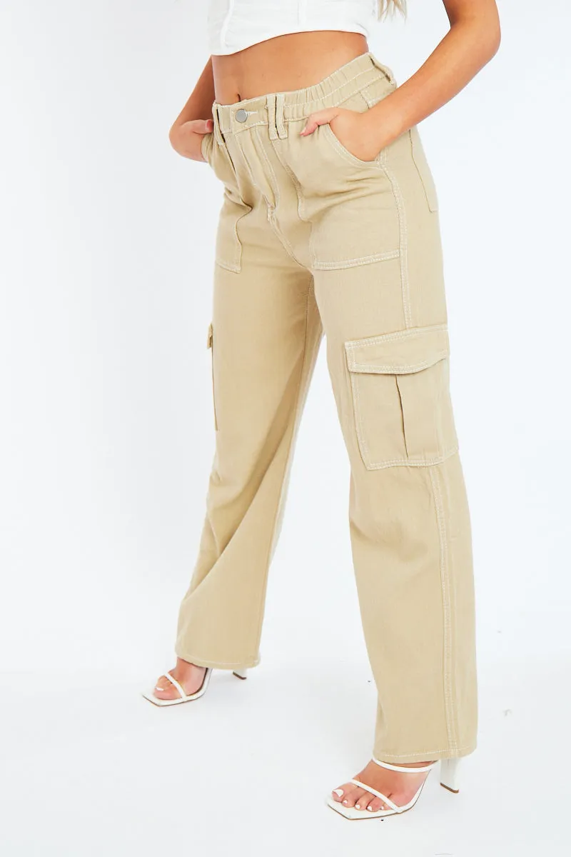 Beige Denim Contrast Stitch Cargo Trousers - Kate