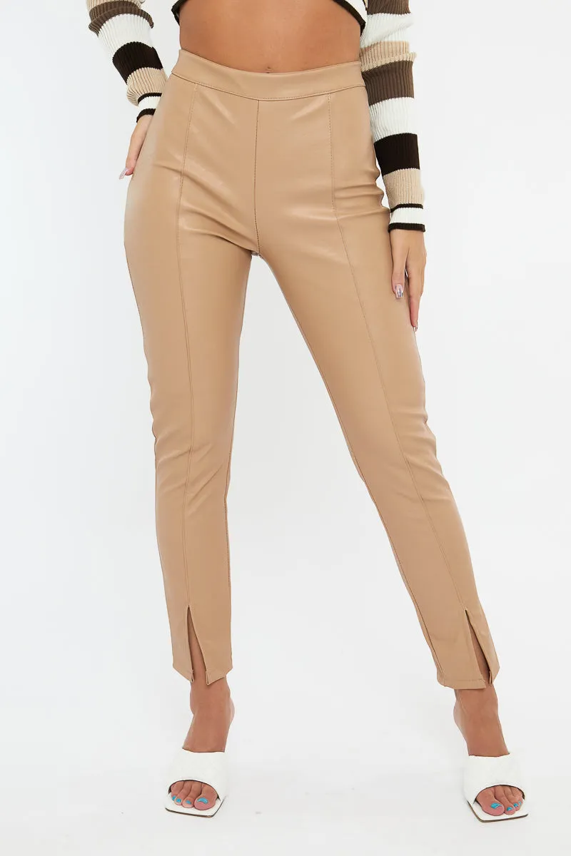 Beige PU Leather Front Slit Trousers - Caro