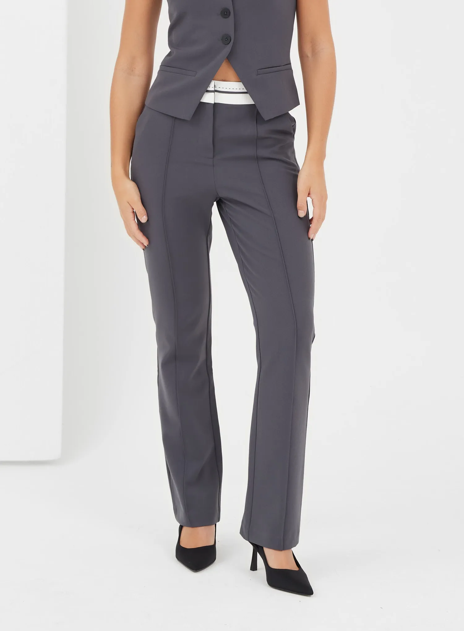 Charcoal Grey Exposed Waistband Trousers - Kennedy