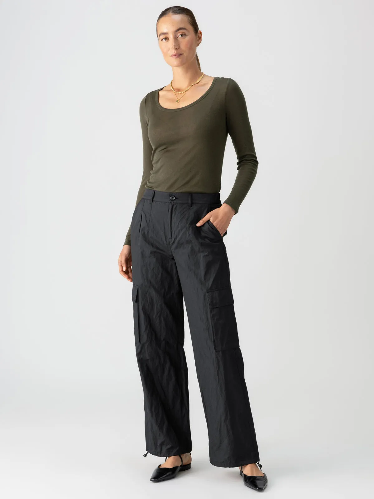 Cinched Nylon Semi-High Rise Cargo Pant Black