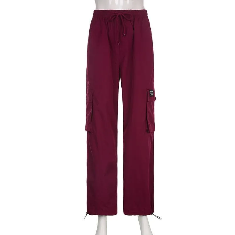 Drawstring cargo pocket button high rise straight leg pant