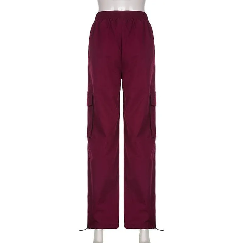 Drawstring cargo pocket button high rise straight leg pant