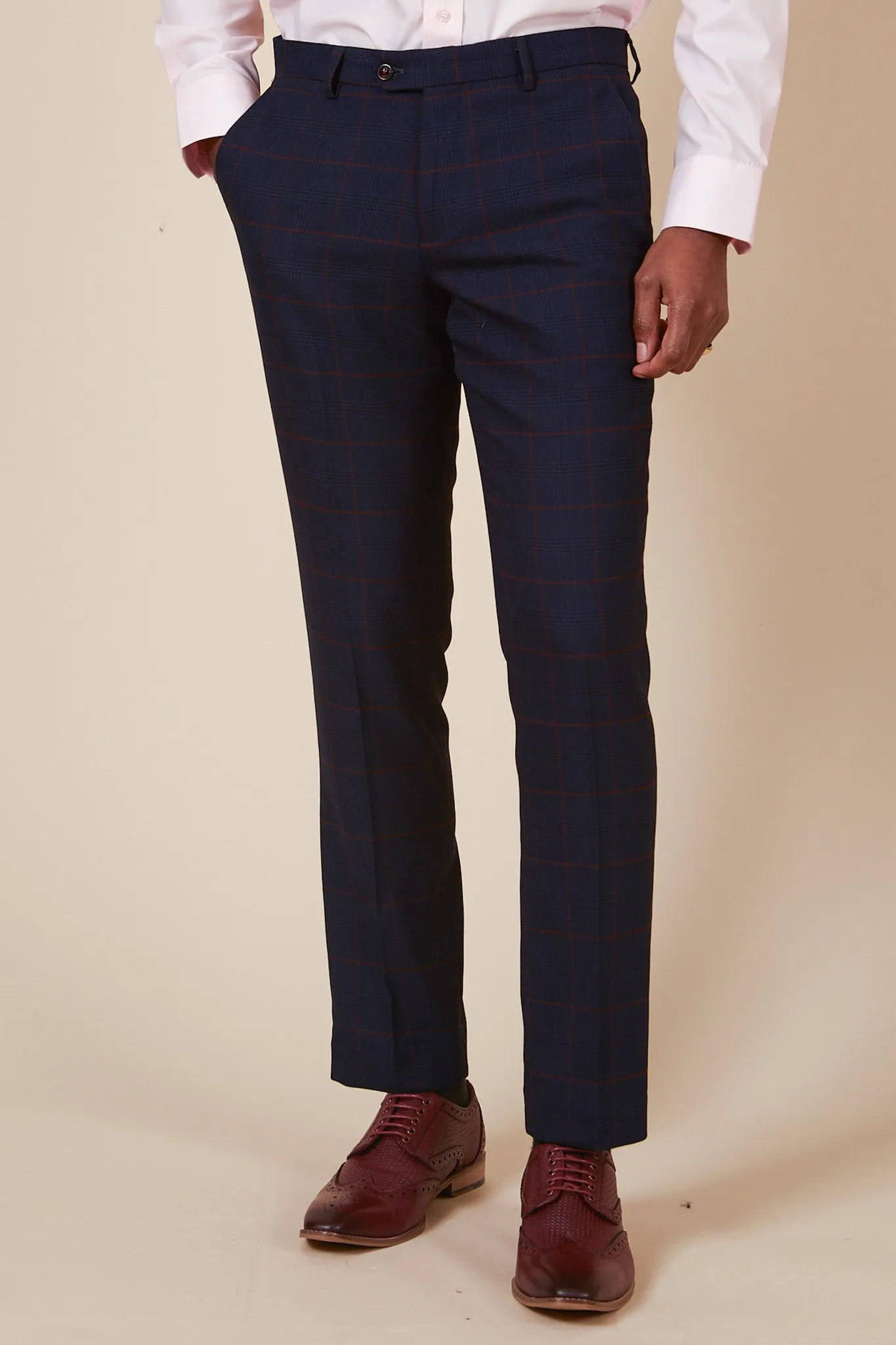 EDINSON - Navy Wine Check Trousers