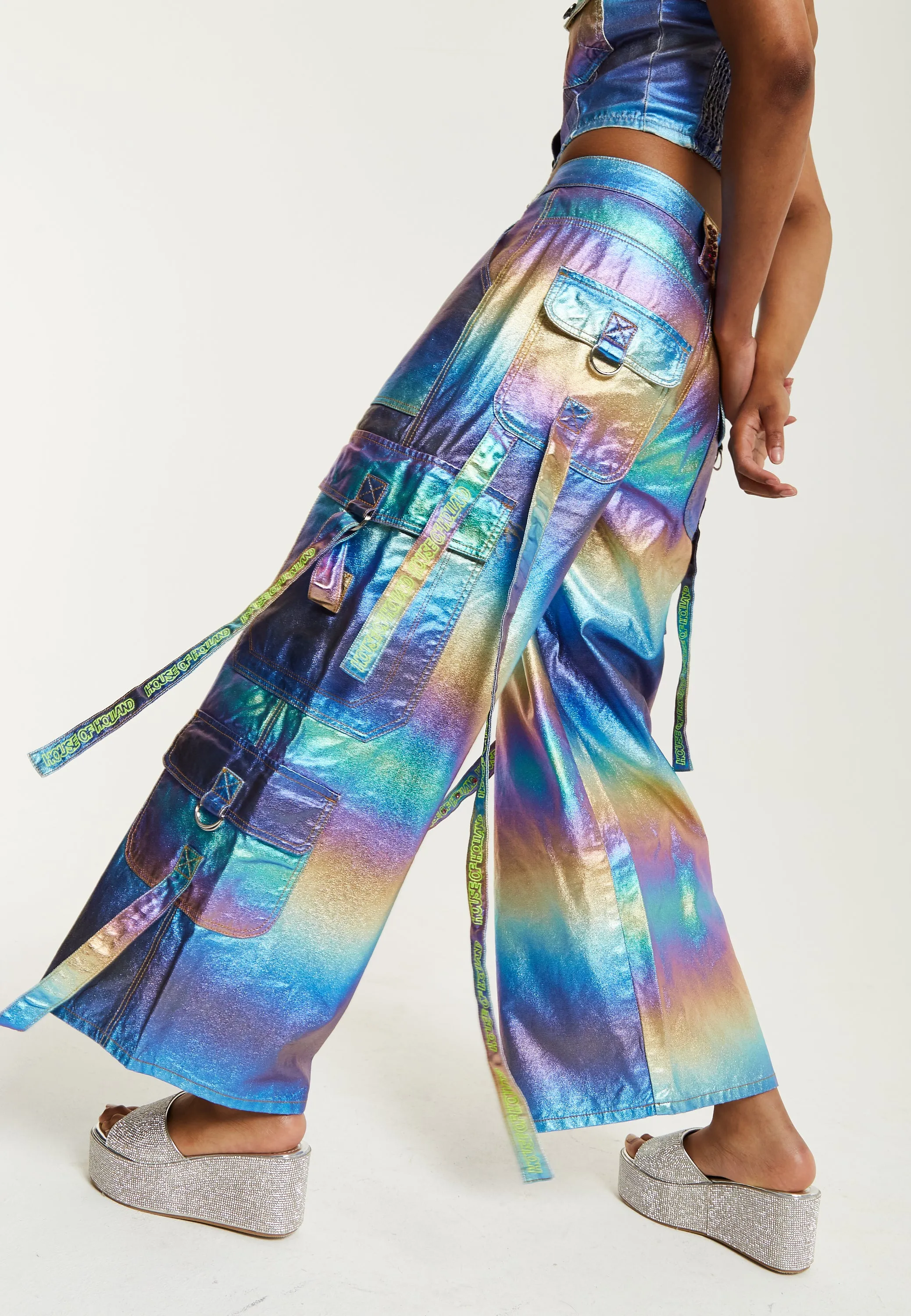 House Of Holland Metallic Rainbow Cargo Trousers