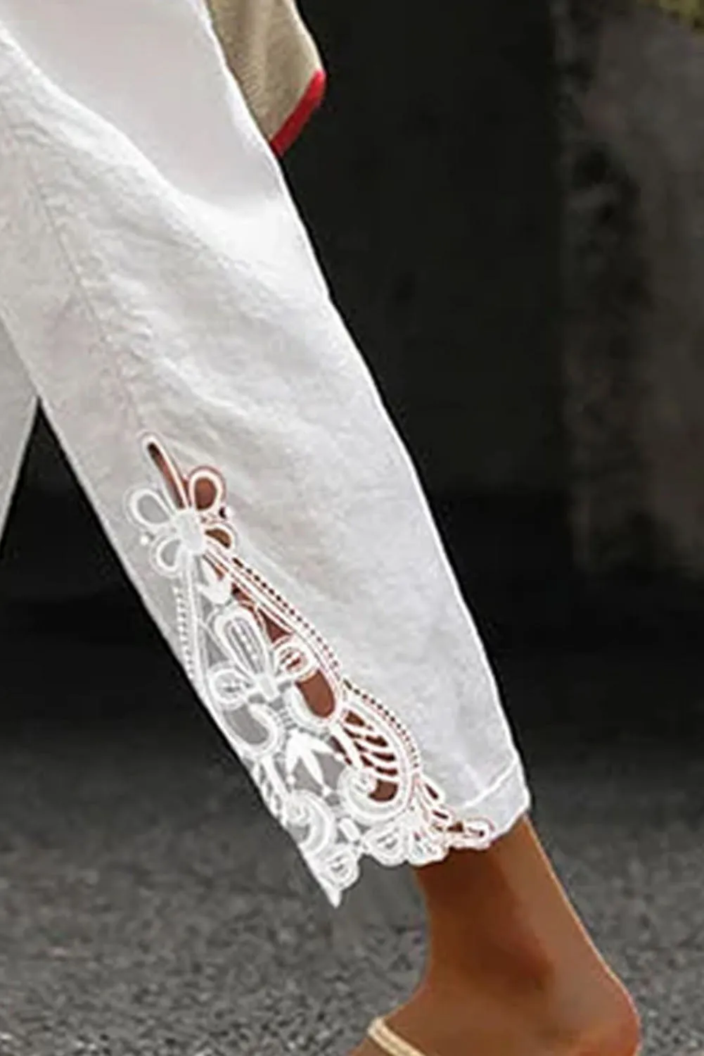 Lace Splicing Drawstring Casual Cotton Pants