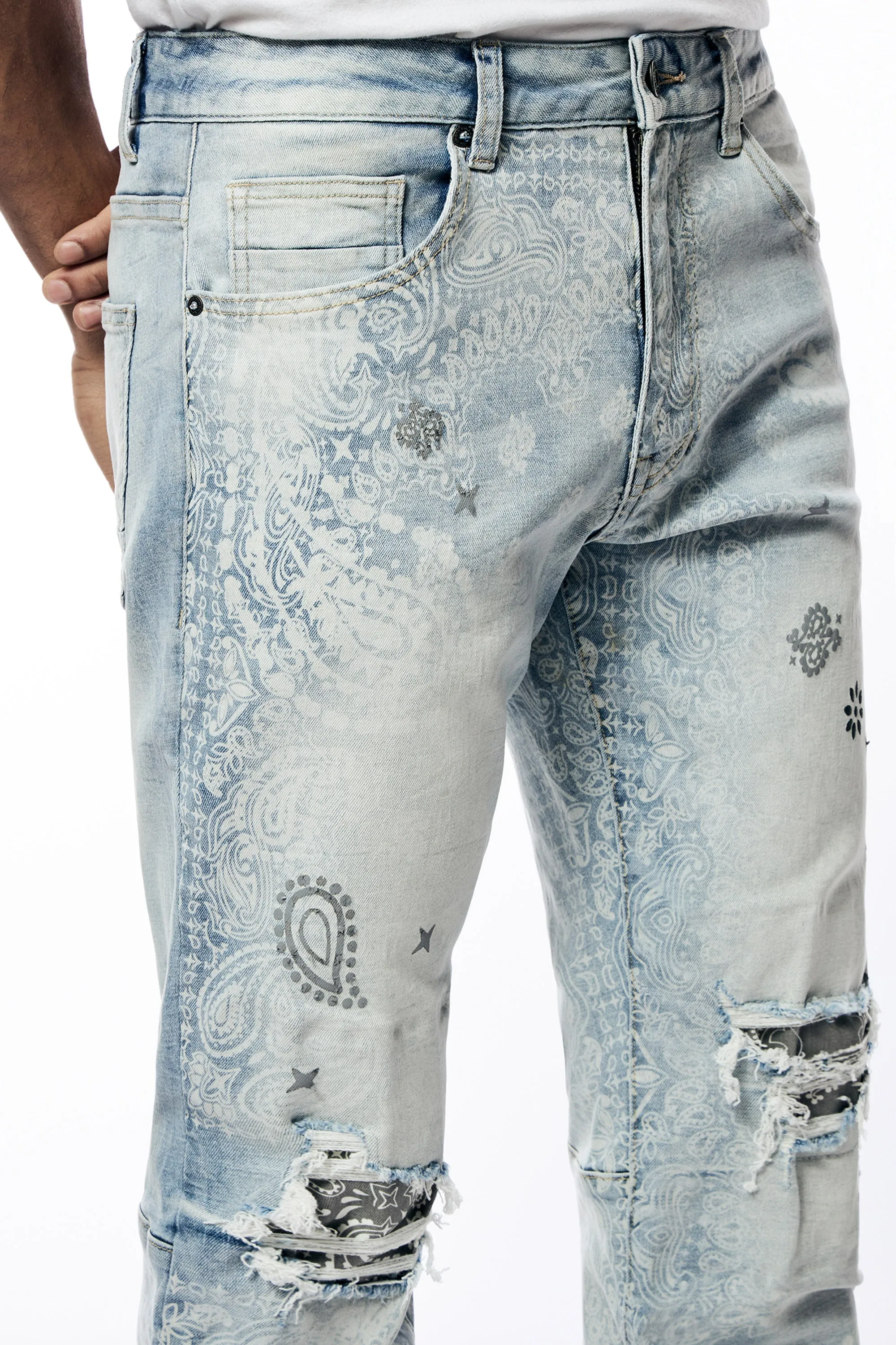 Laser Print Paisley Jeans - Sherman Blue