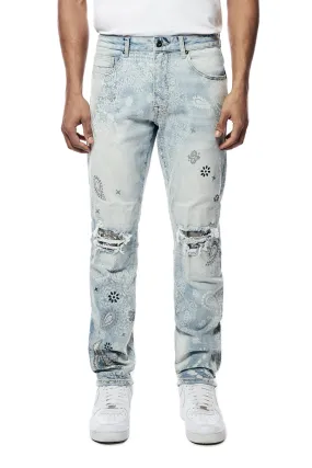 Laser Print Paisley Jeans - Sherman Blue