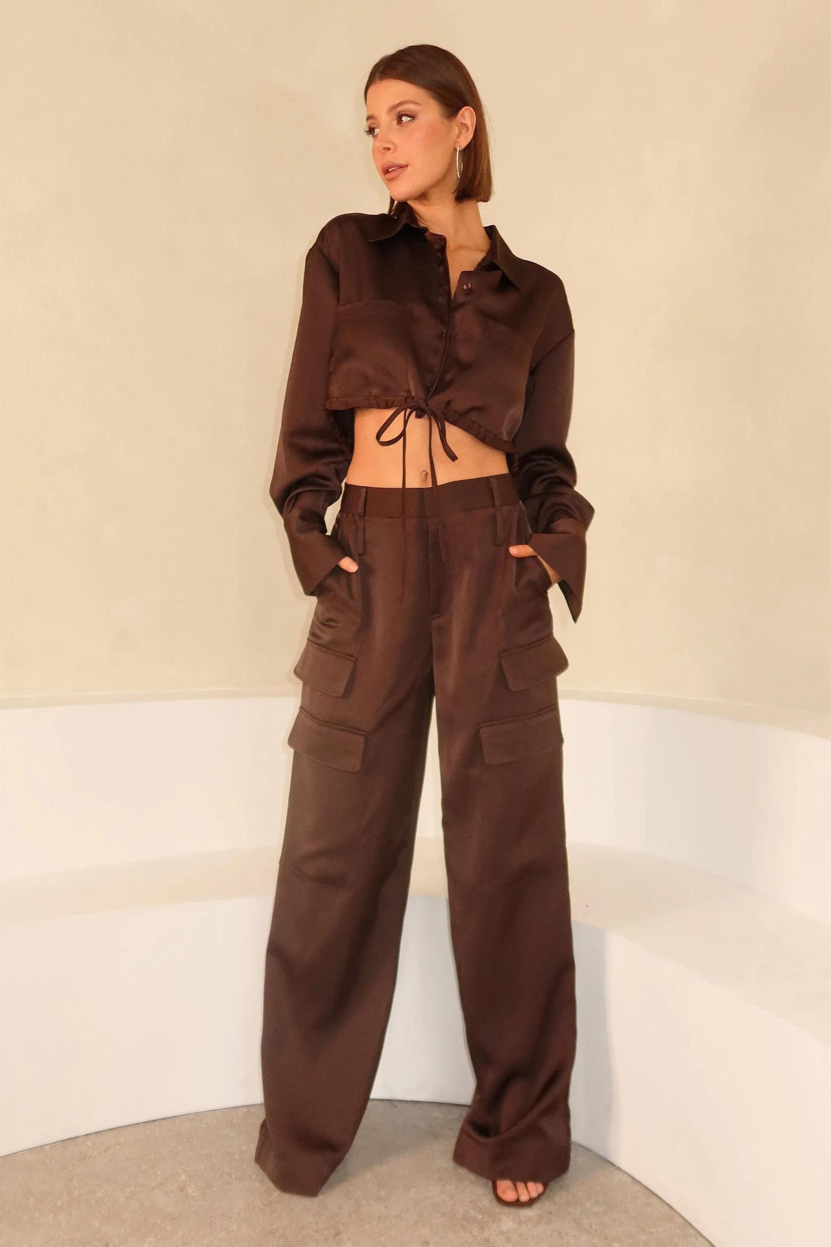 Milan Satin Cargo Pant - Espresso