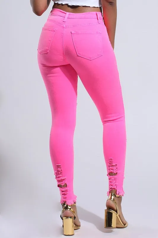 Neon Pink Distressed Jeans