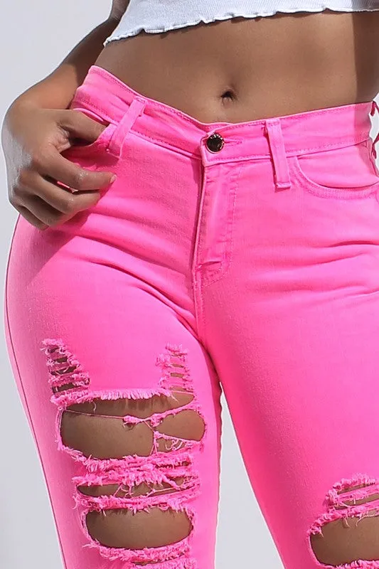 Neon Pink Distressed Jeans