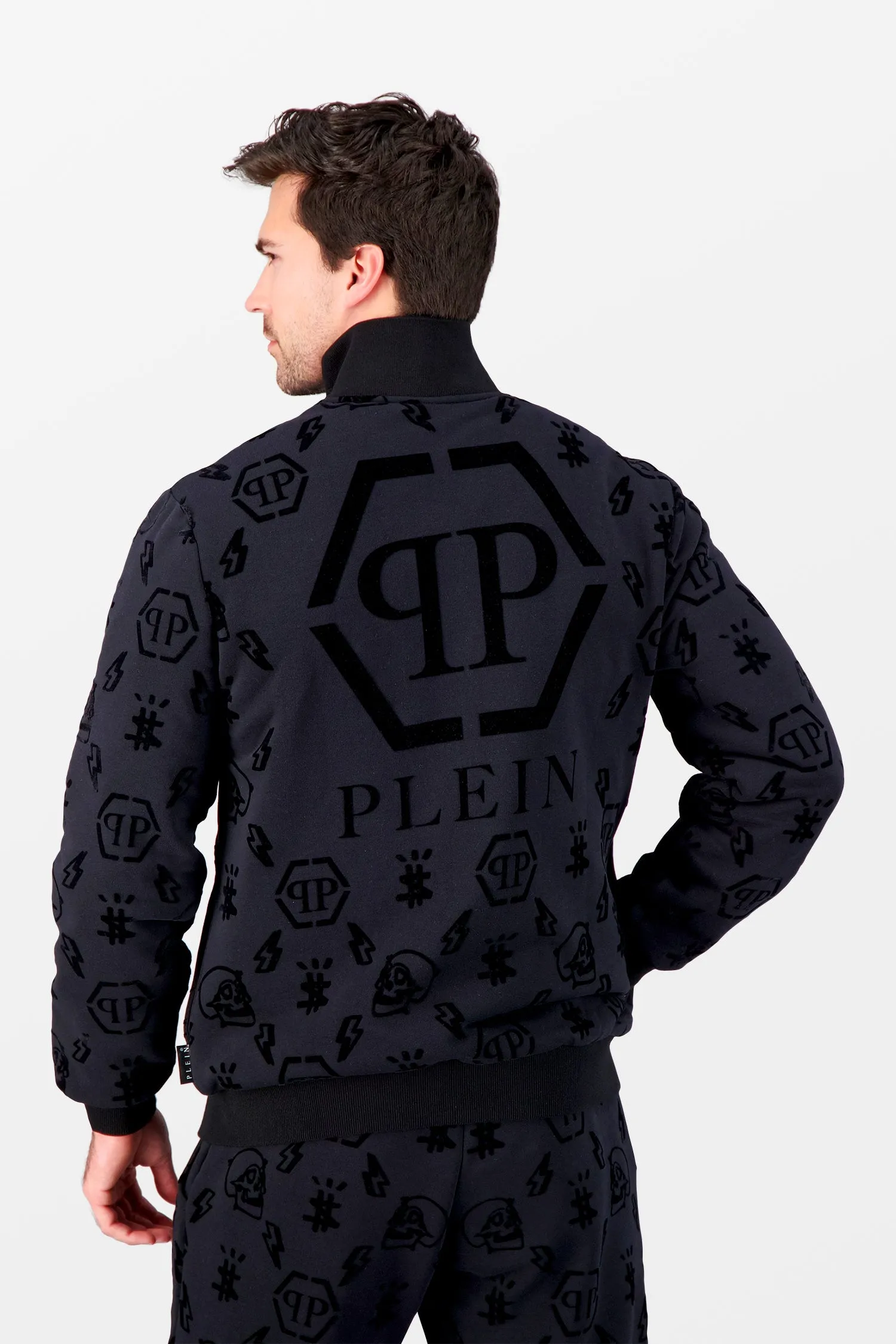 Philipp Plein Black Monogram Flocked Jogging Jacket