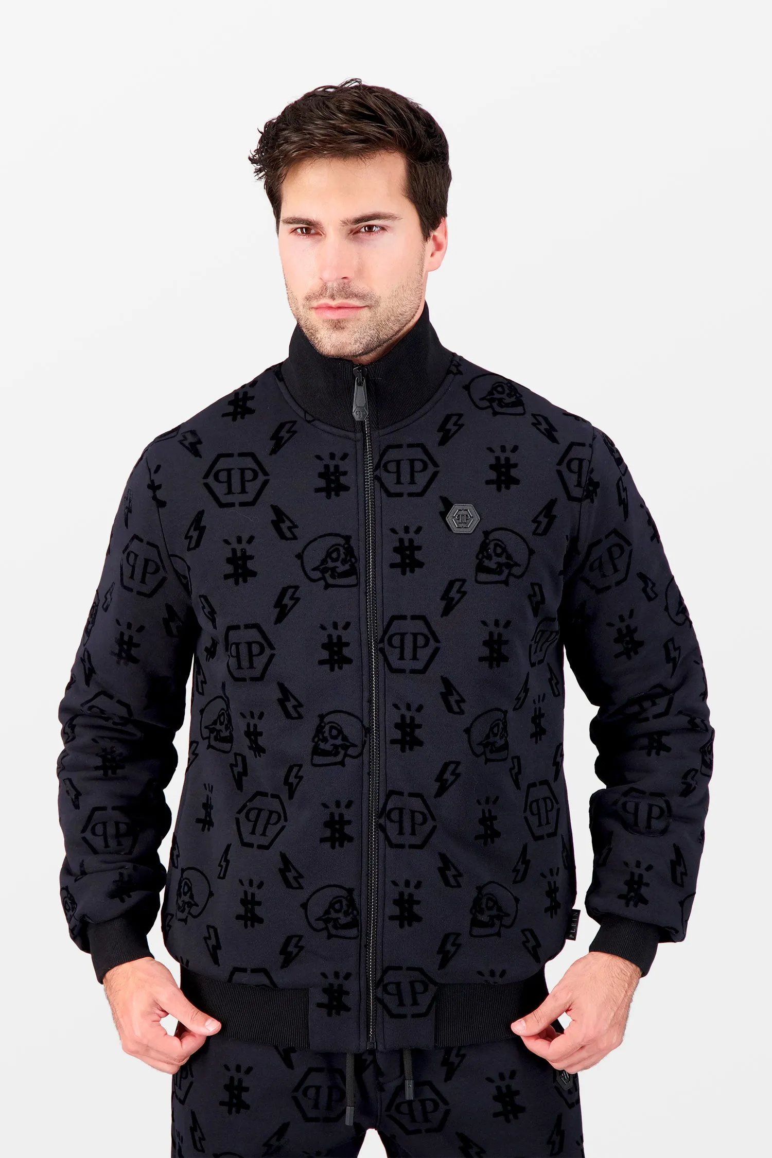 Philipp Plein Black Monogram Flocked Jogging Jacket