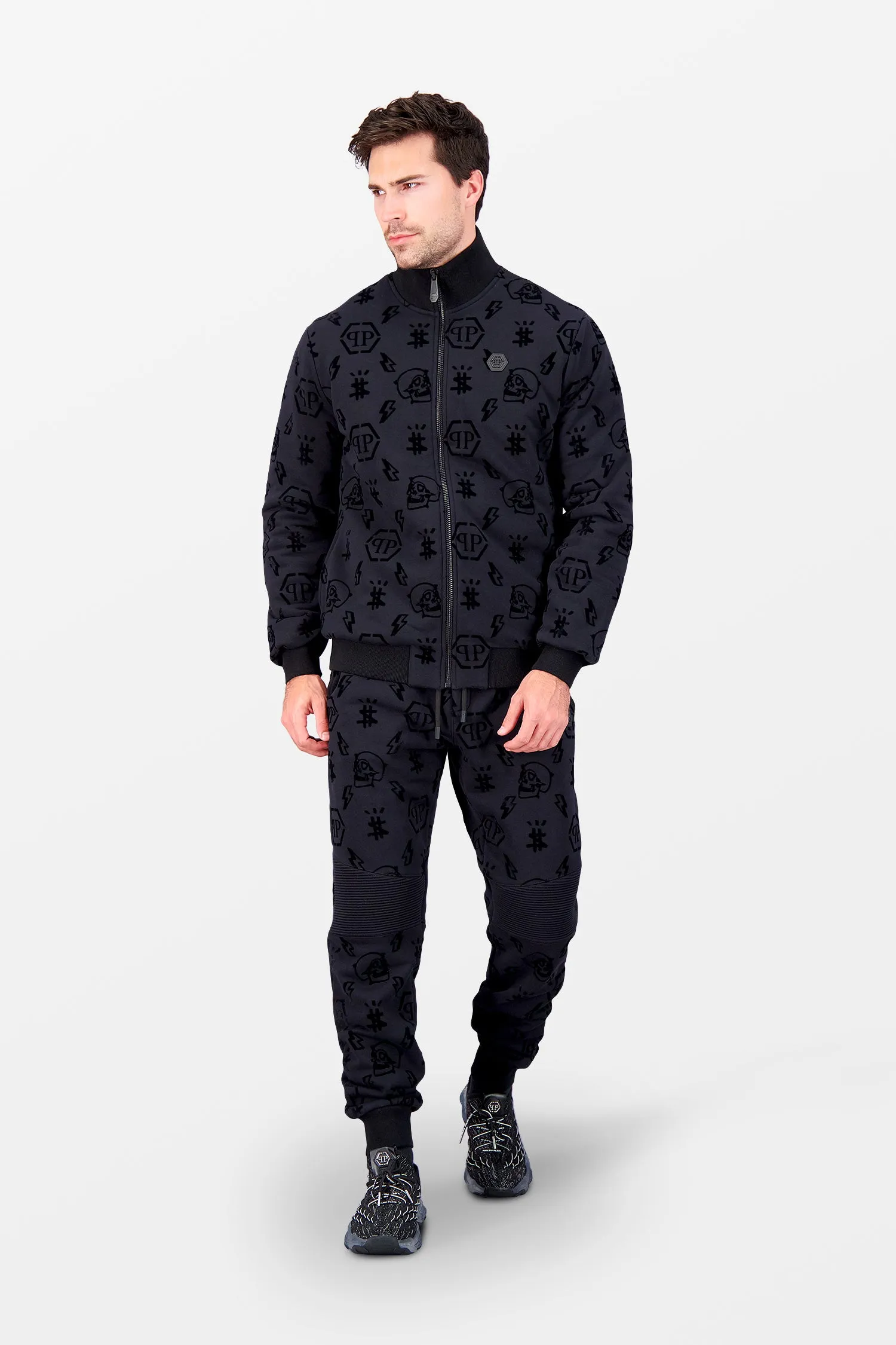 Philipp Plein Black Monogram Flocked Jogging Jacket