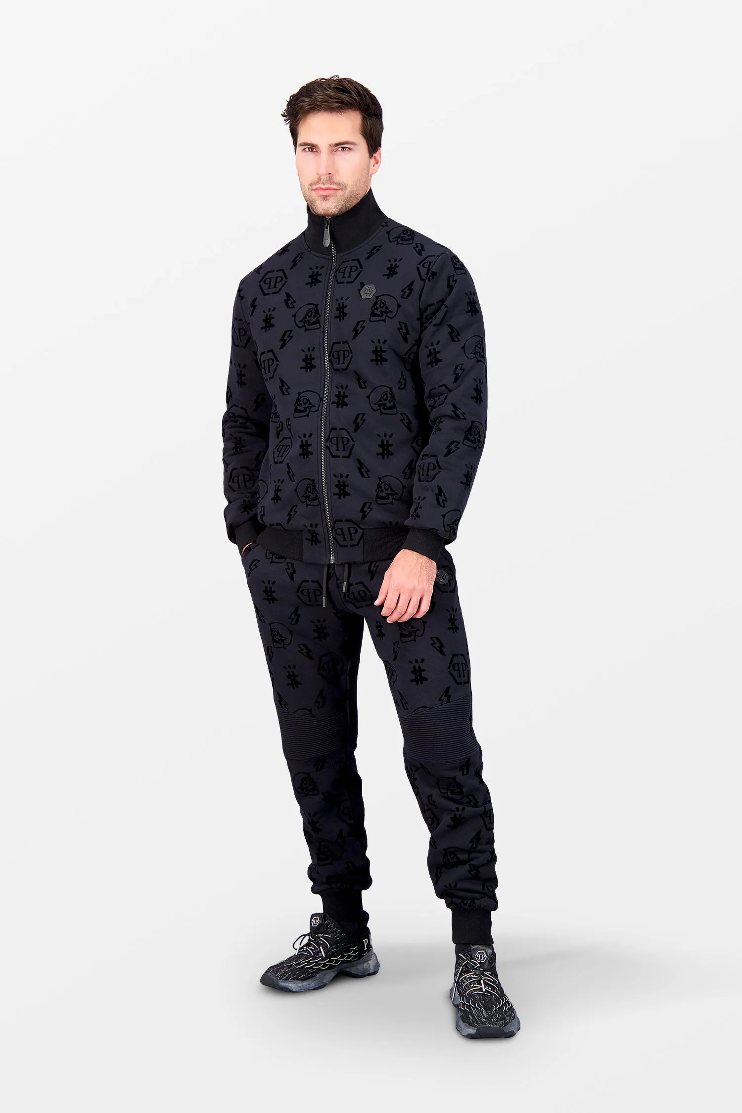 Philipp Plein Black Flock Monogram Jogging Trousers