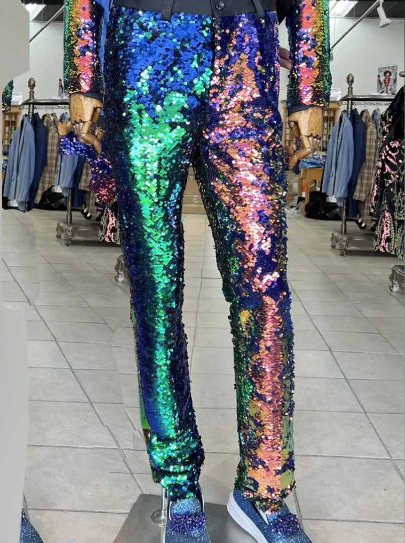 sequin pants, multicolor sequin pants for men.